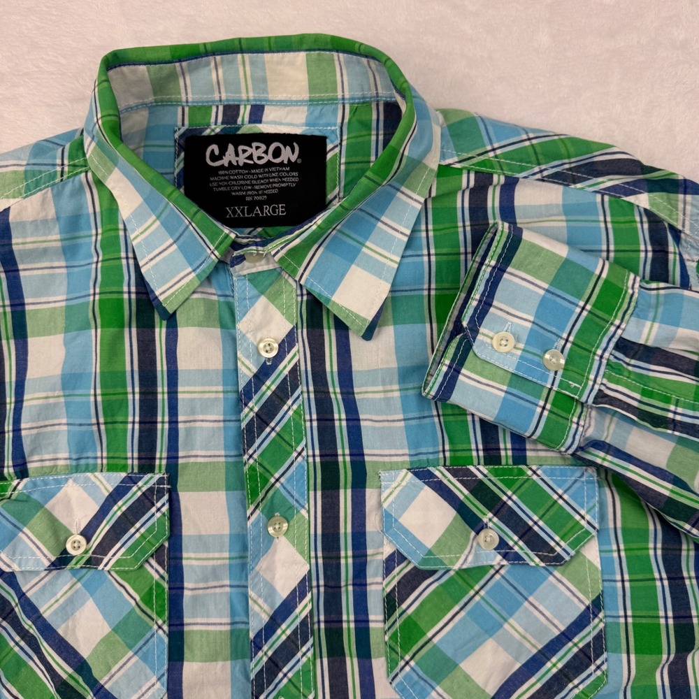 Carbon Mens XXL Plaid Button Down Shirt Green Blue Long Sleeve Cotton Western